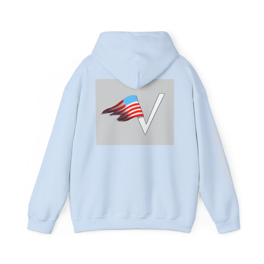 American V Logo Hoodie — Patriotic Flag V Neck Graphic Pullover